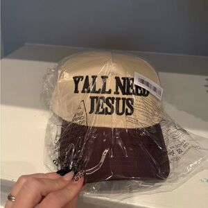 Tan and Brown Cap with 'Y'ALL NEED JESUS' Embroidery